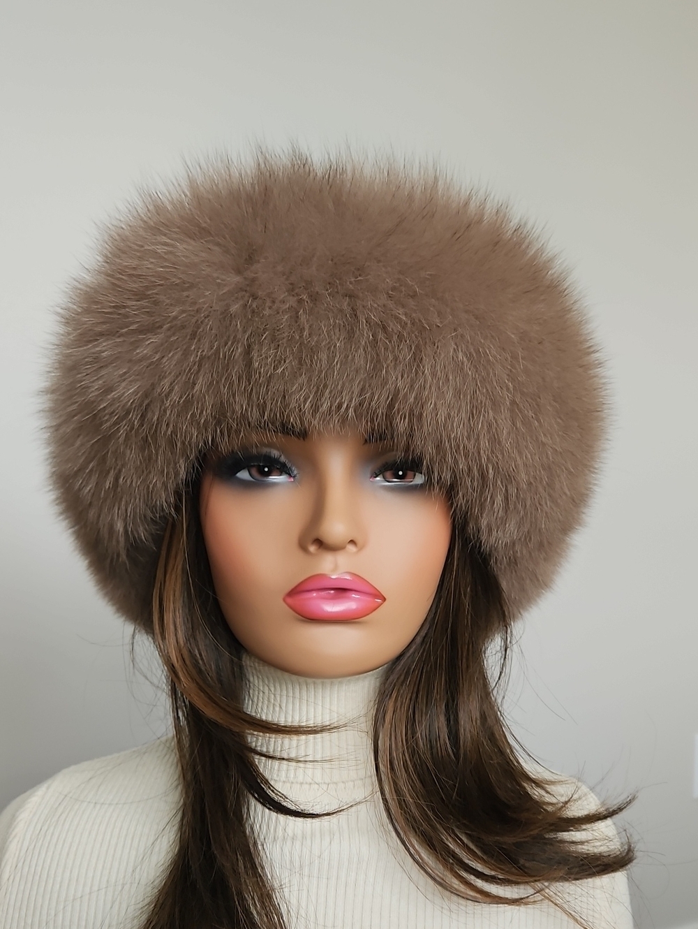 Real Mink & Fox Fur Beanie Hat Knitted Wool Base Adjustable